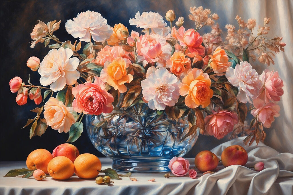 Flores sobre fruta naranja — diseño completo