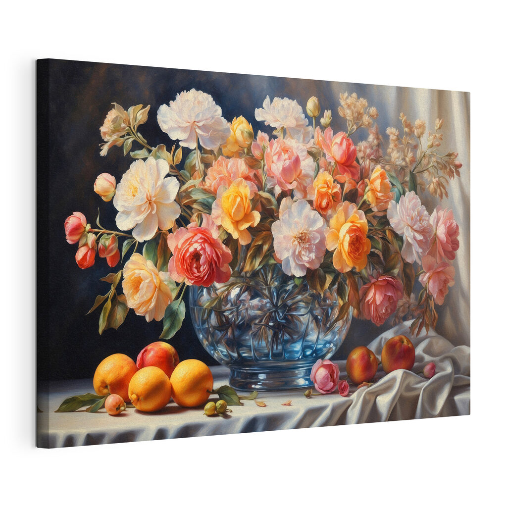Flores sobre fruta naranja, lienzo tensado con el borde envolvente