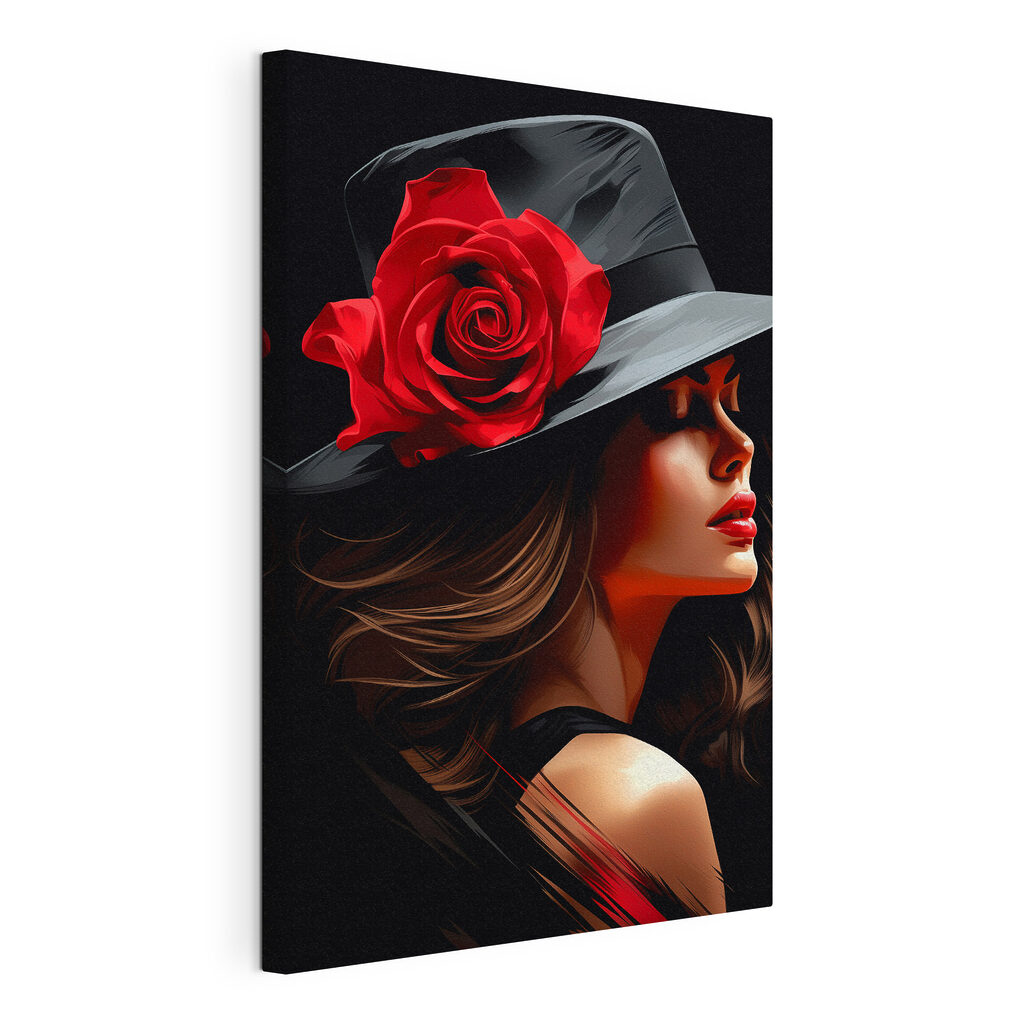Rosa en sombrero negro, lienzo tensado con el borde envolvente