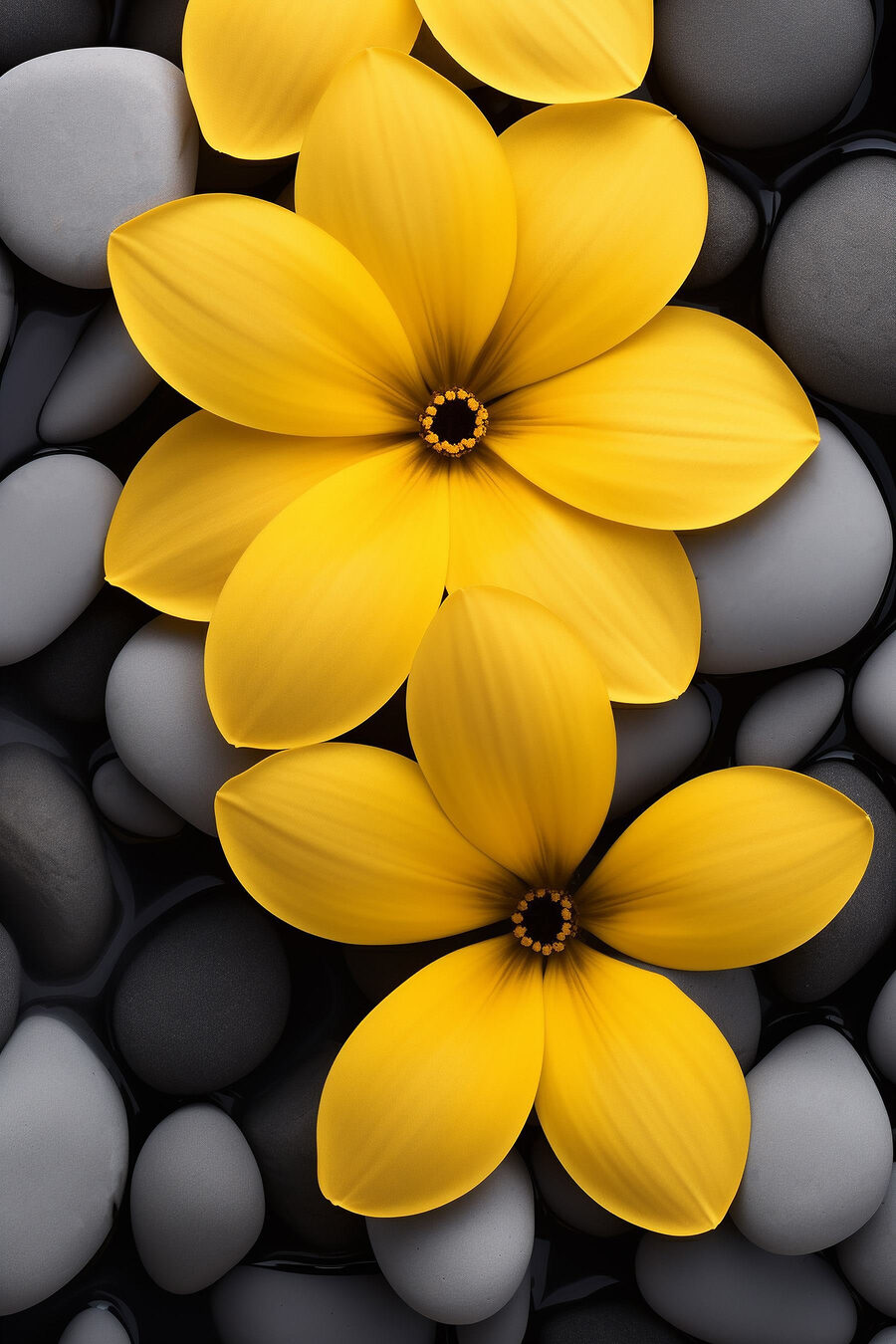 Flores amarillas entre guijarros — diseño completo