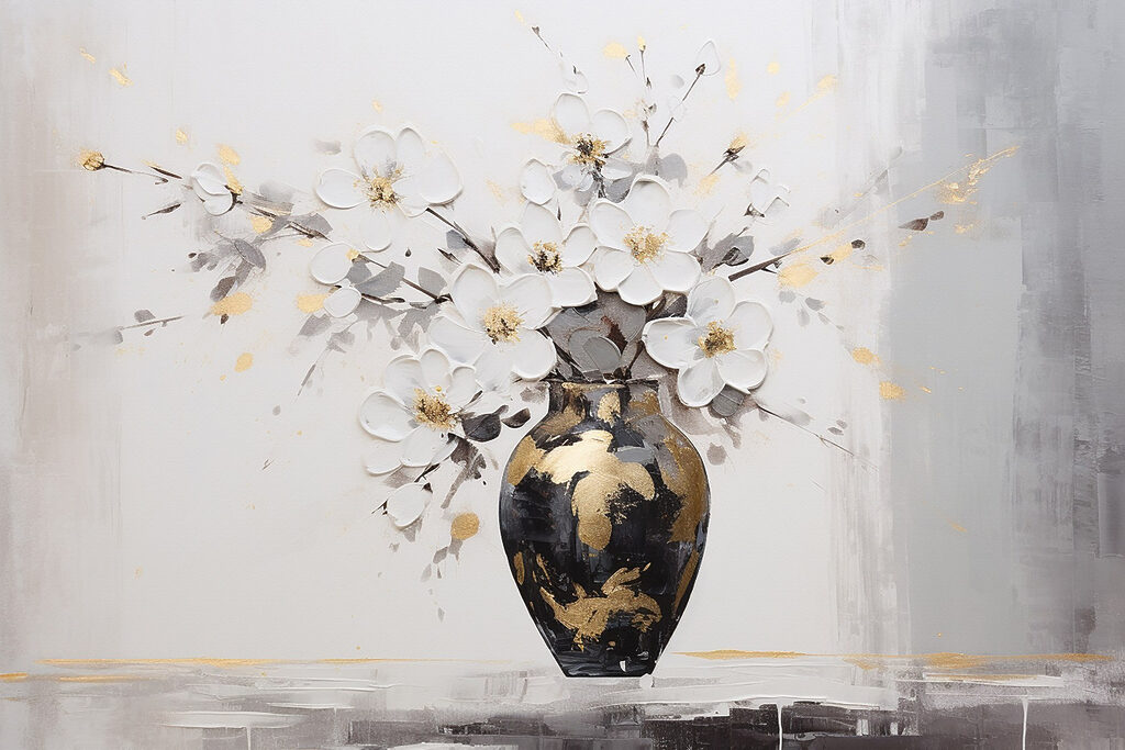 Flores blancas, jarrón dorado — diseño completo