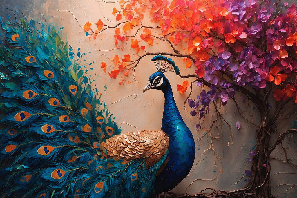Pavo azul en ramas — diseño completo