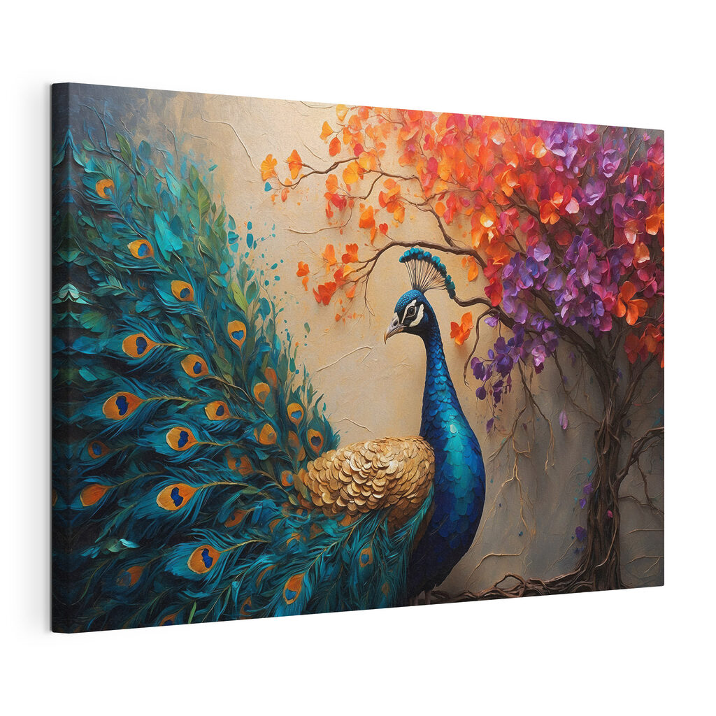 Pavo azul en ramas, lienzo tensado con el borde envolvente