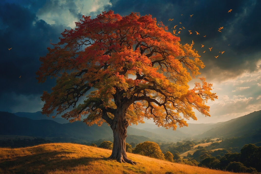 Árbol otoñal bajo nubes — diseño completo
