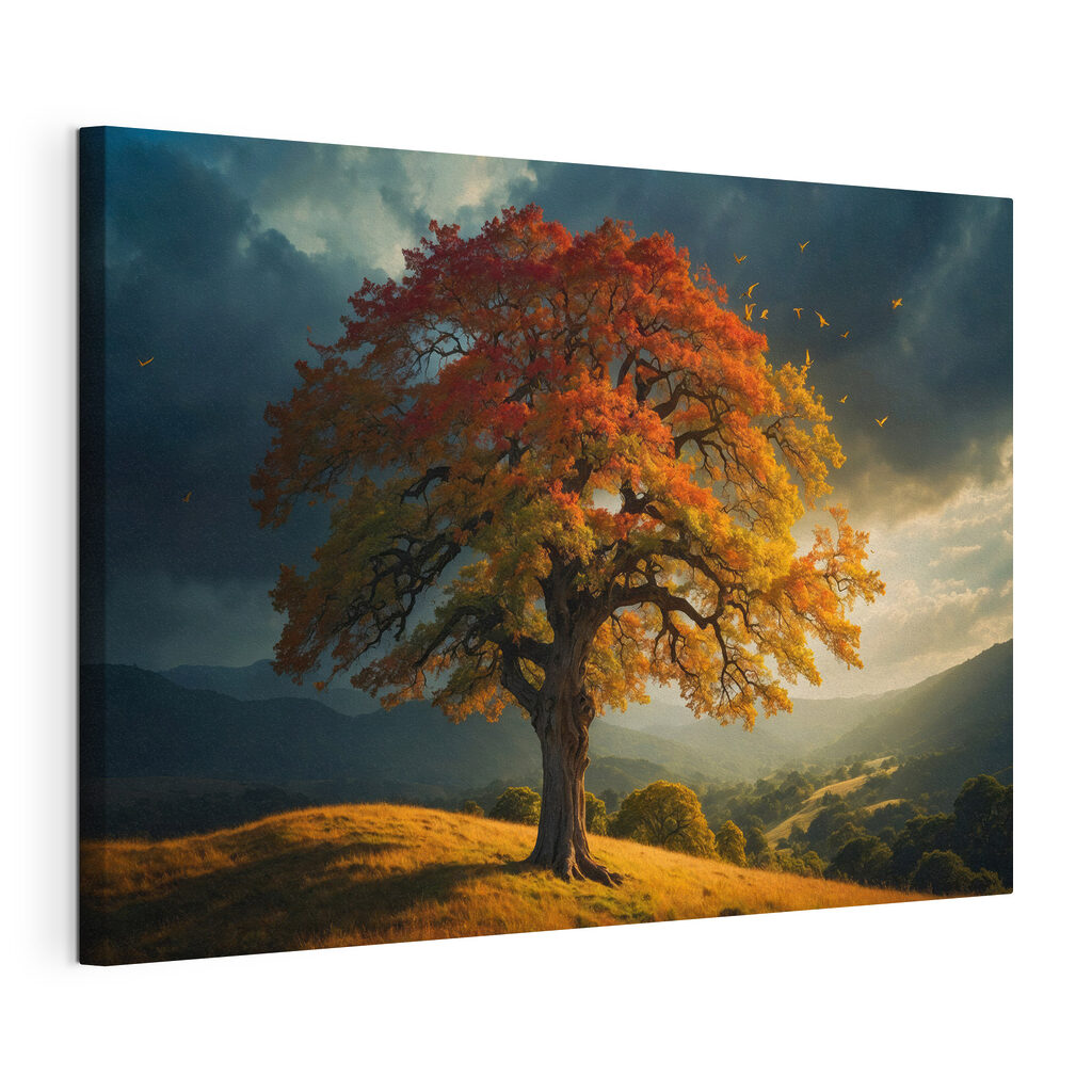Árbol otoñal bajo nubes, lienzo tensado con el borde envolvente