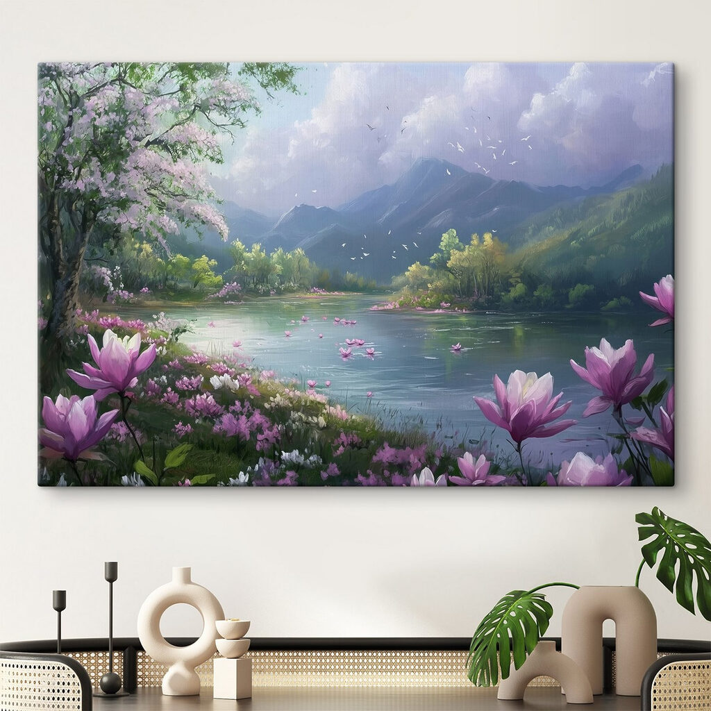 Lago entre flores rosas en un interior