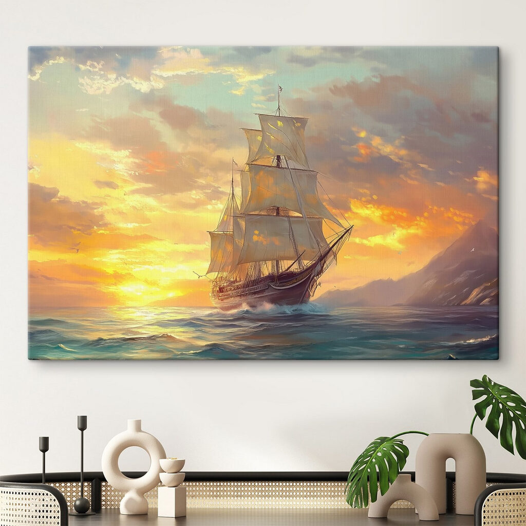 Velero al atardecer en un interior