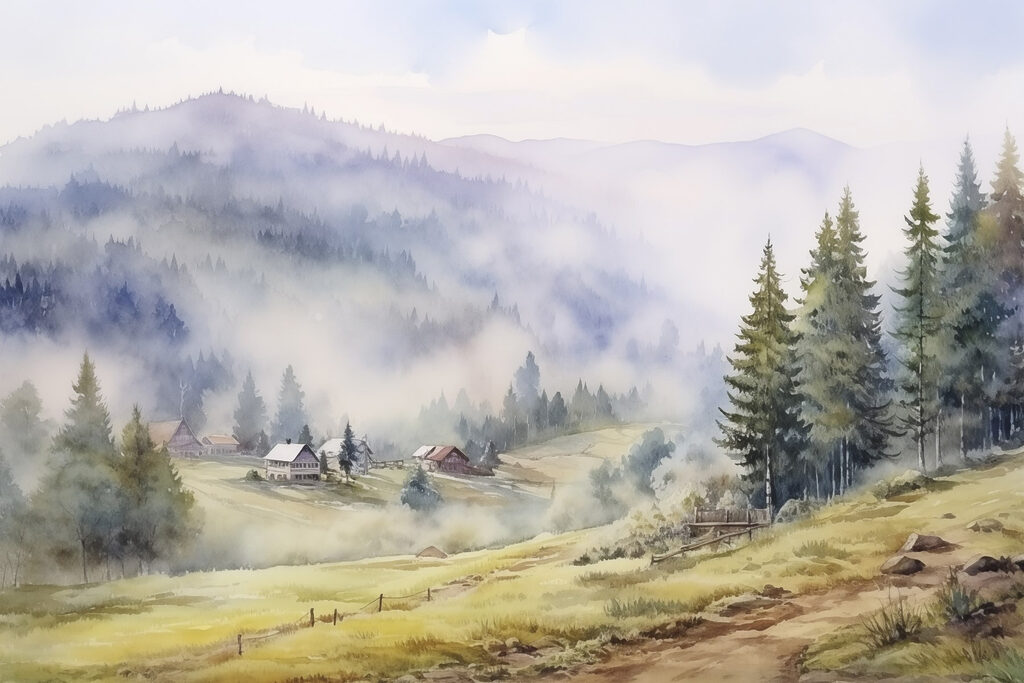 Cabañas en niebla pálida — diseño completo