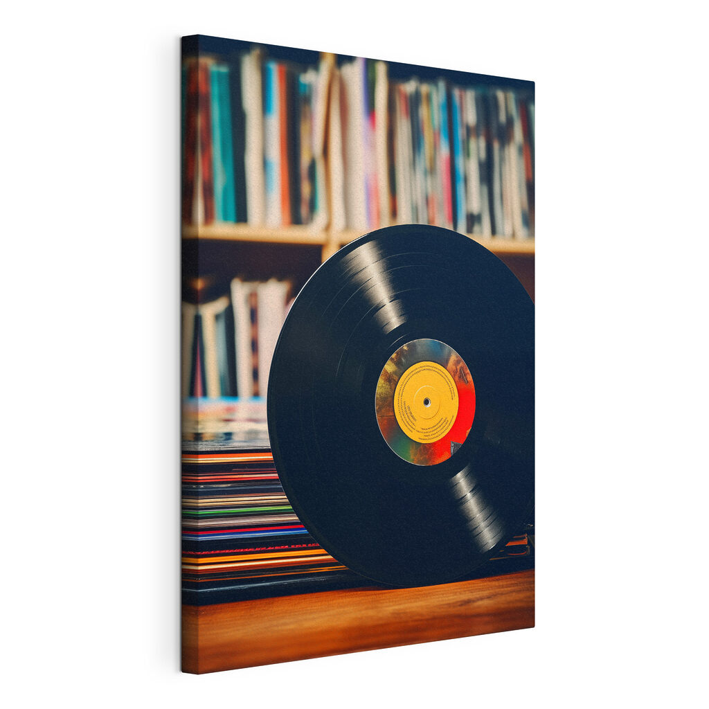 Vinilo entre carátulas, lienzo tensado con el borde envolvente