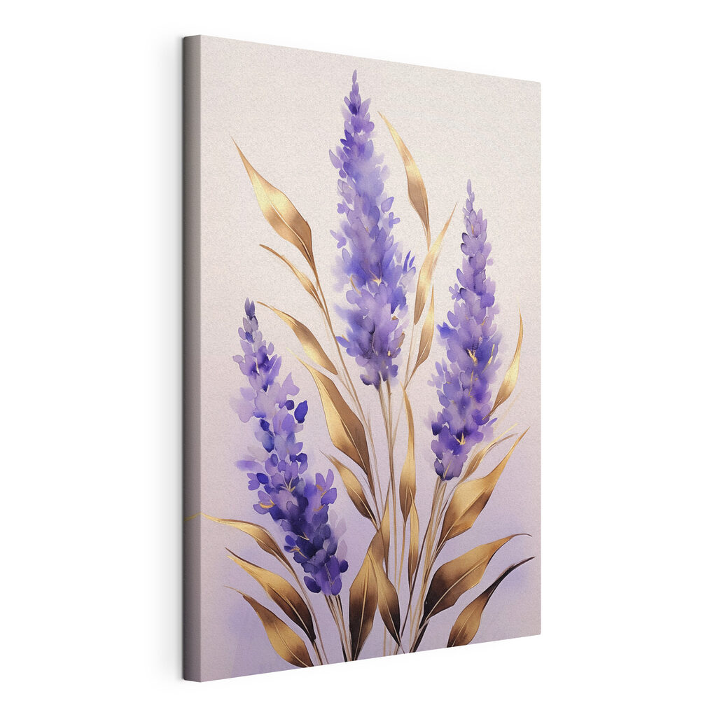 Lavanda con hojas doradas, lienzo tensado con el borde envolvente