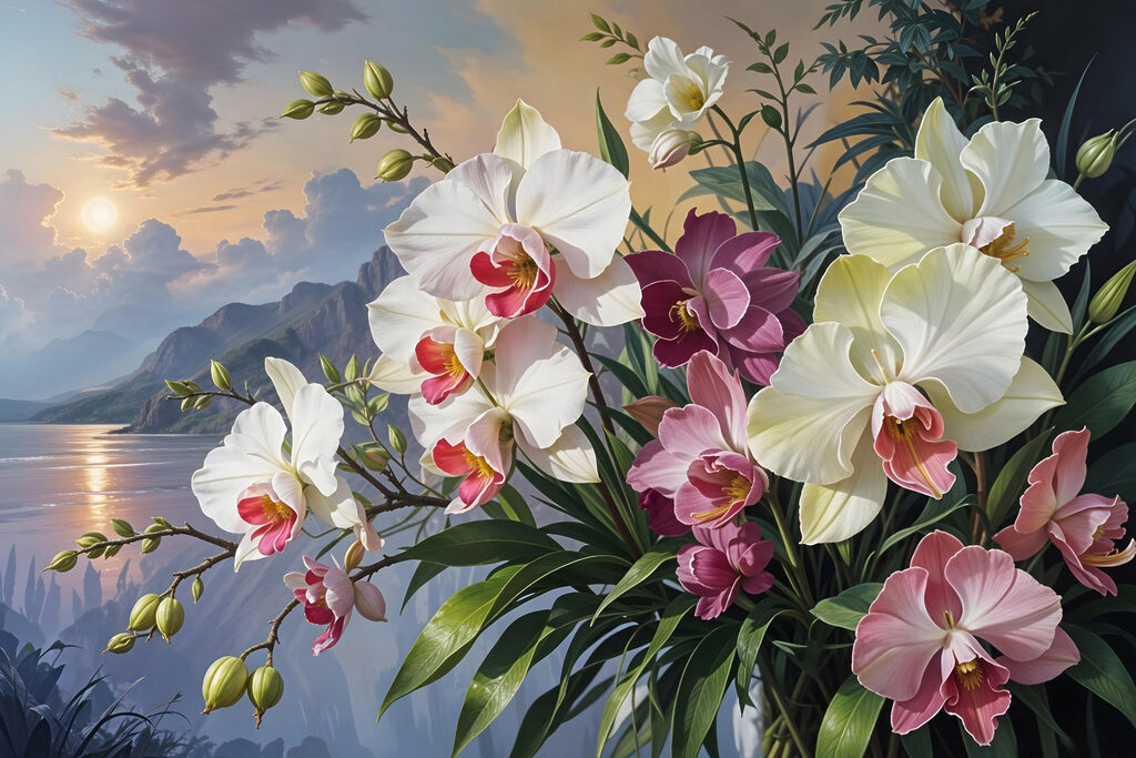Orquídeas ante un lago — diseño completo