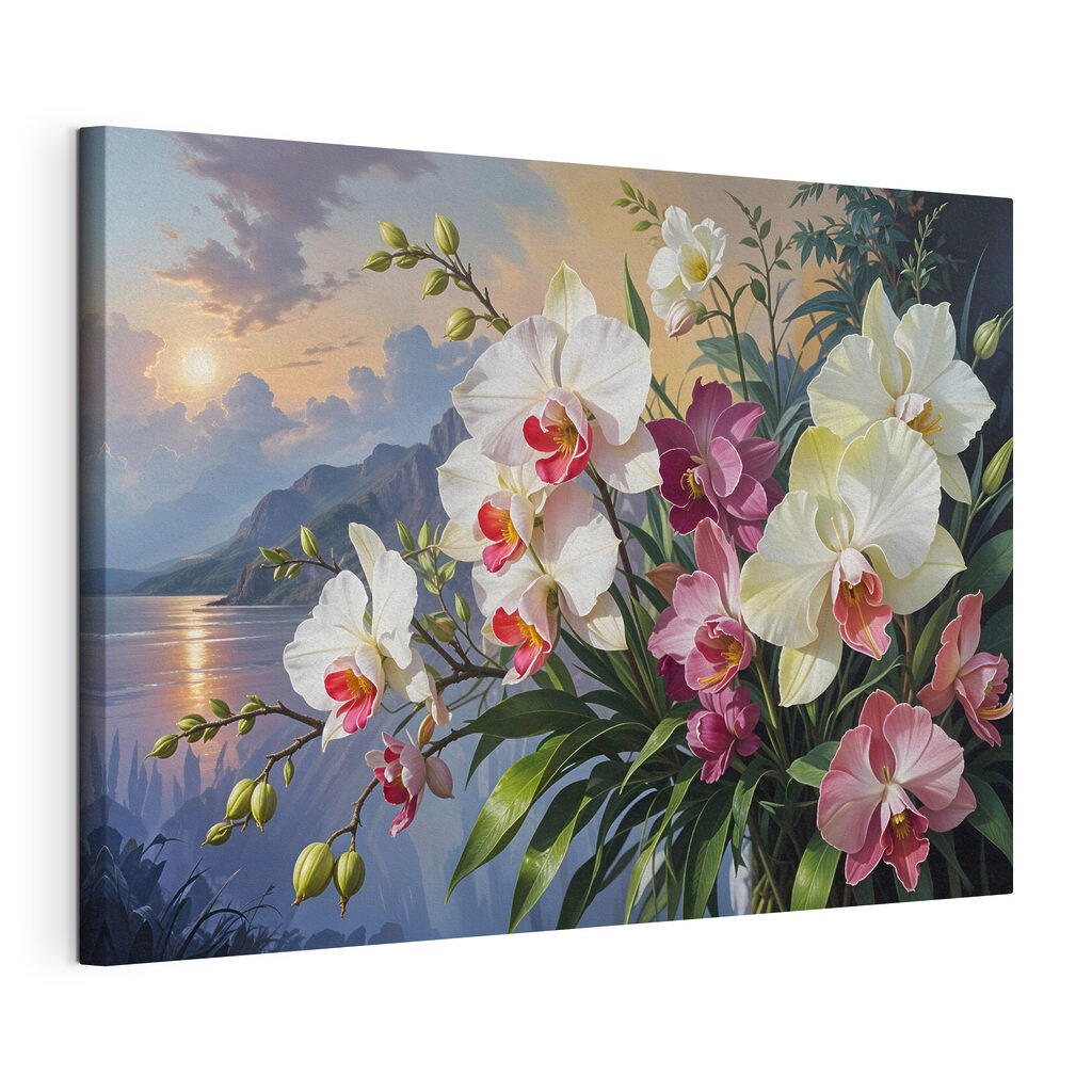 Orquídeas ante un lago, lienzo tensado con el borde envolvente