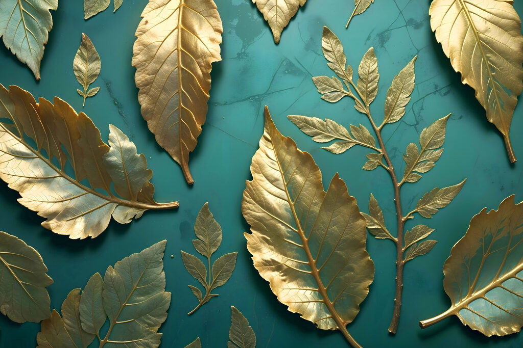 Hojas doradas sobre turquesa — diseño completo