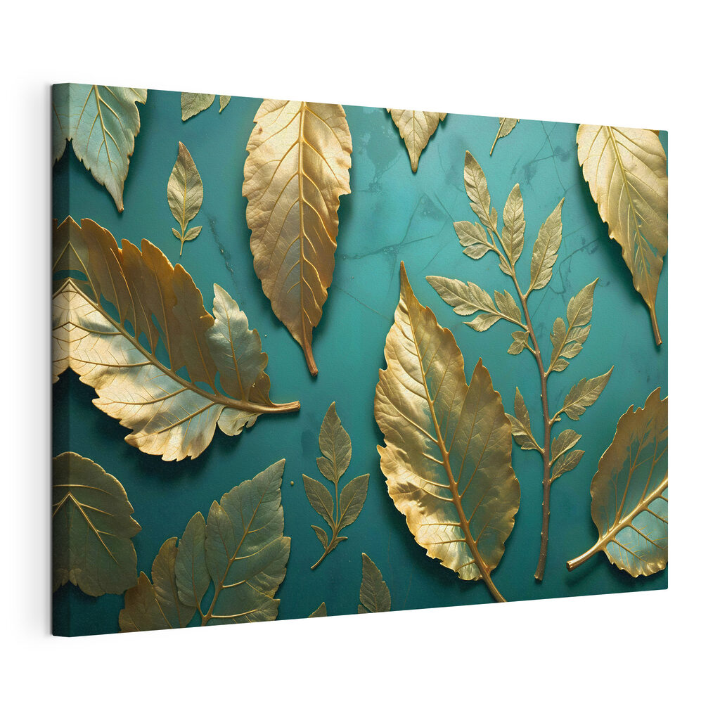 Hojas doradas sobre turquesa, lienzo tensado con el borde envolvente