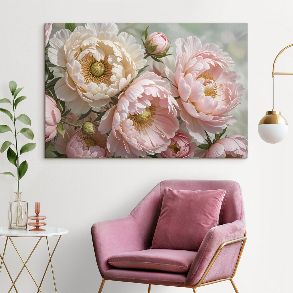 Peonías en rosa empolvado en un interior