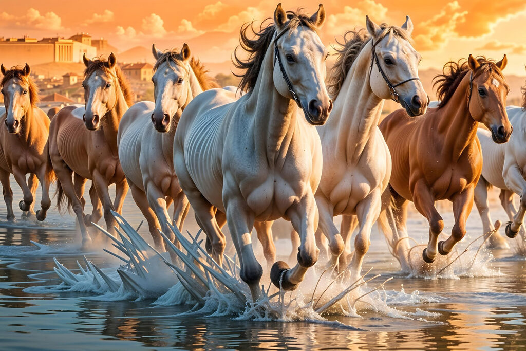 Caballos en agua dorada — diseño completo