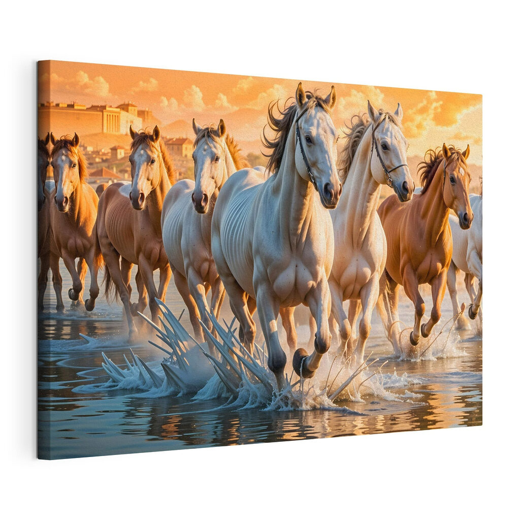 Caballos en agua dorada, lienzo tensado con el borde envolvente