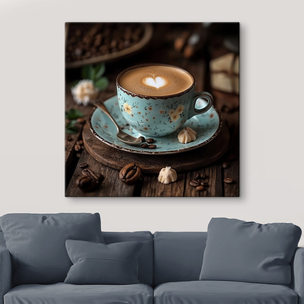 Capuchino en taza turquesa en un interior