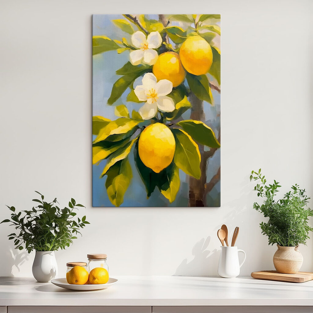 Limones bajo flores blancas en un interior