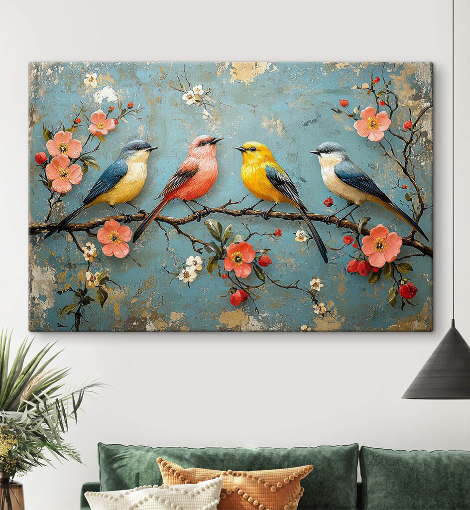 Cuatro pájaros en flor en un interior