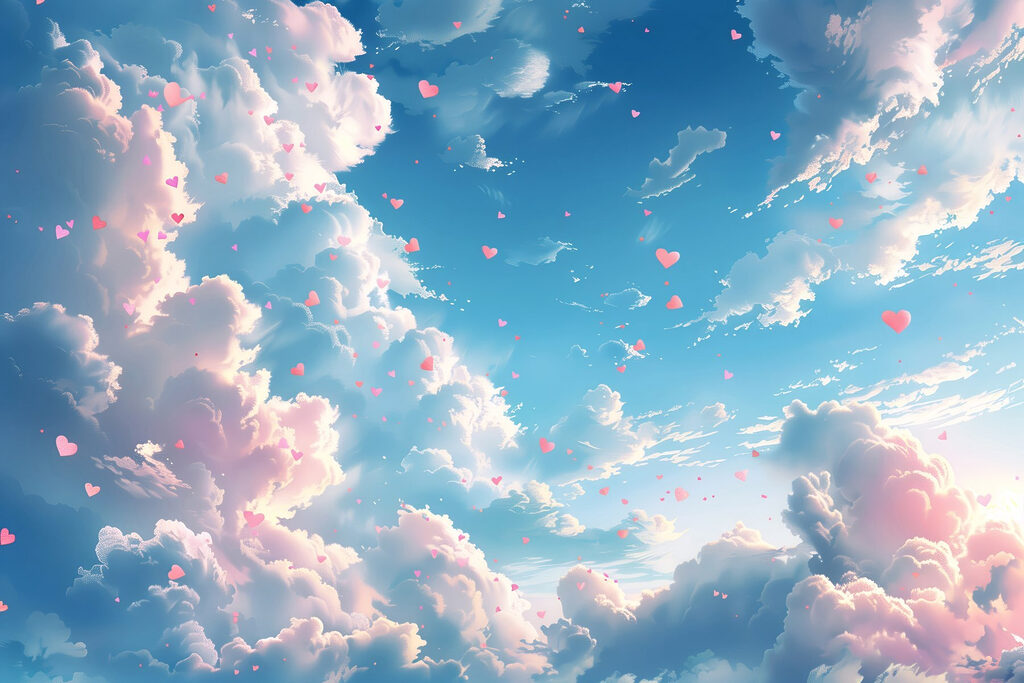 Corazones entre nubes rosas — diseño completo
