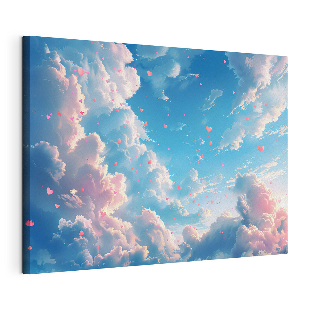 Corazones entre nubes rosas, lienzo tensado con el borde envolvente