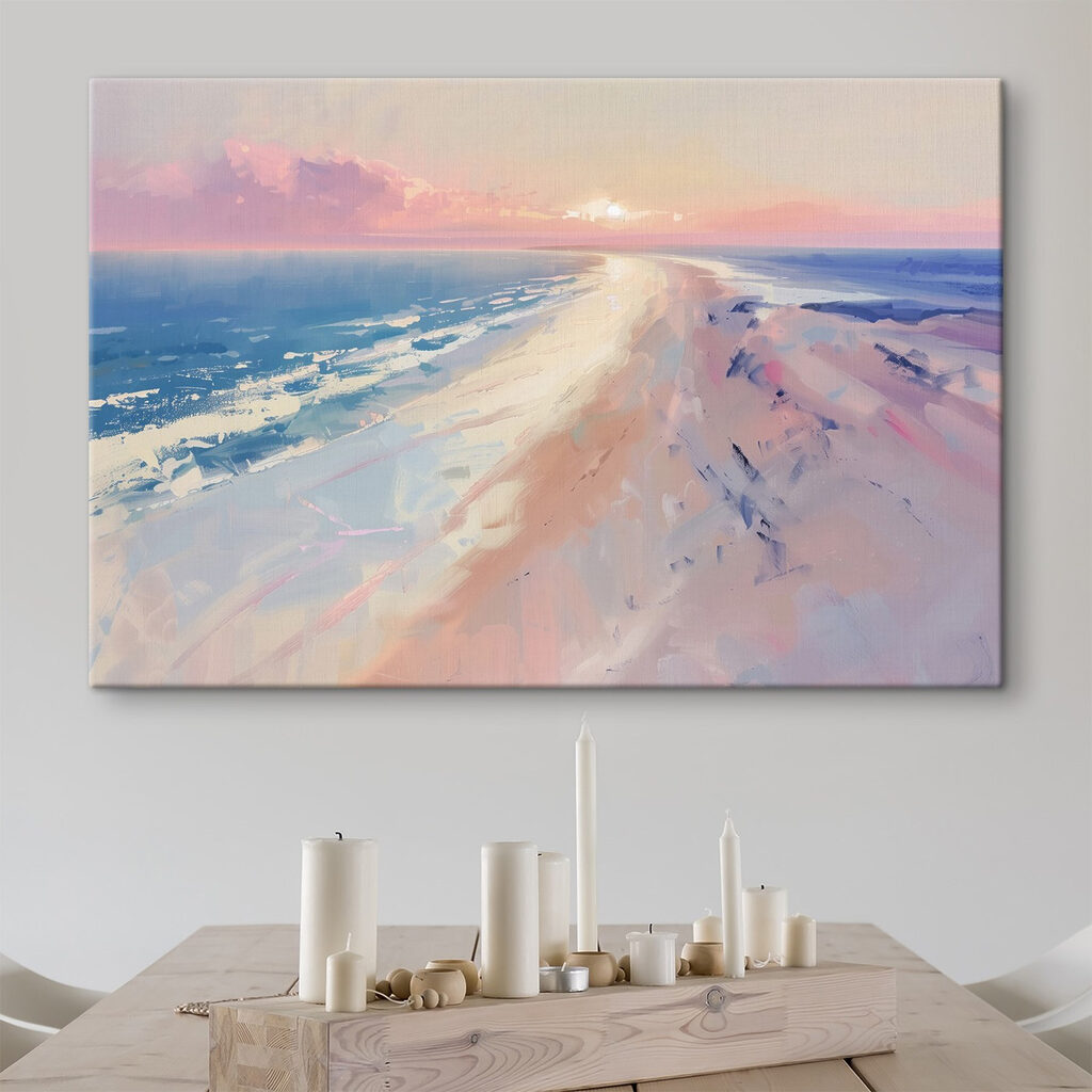 Playa al atardecer pastel — interior 1