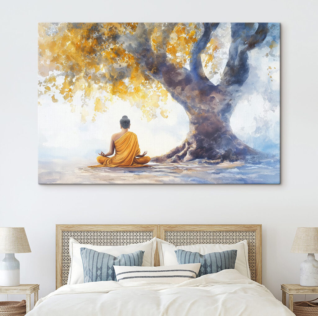 Meditación bajo árbol dorado en un interior