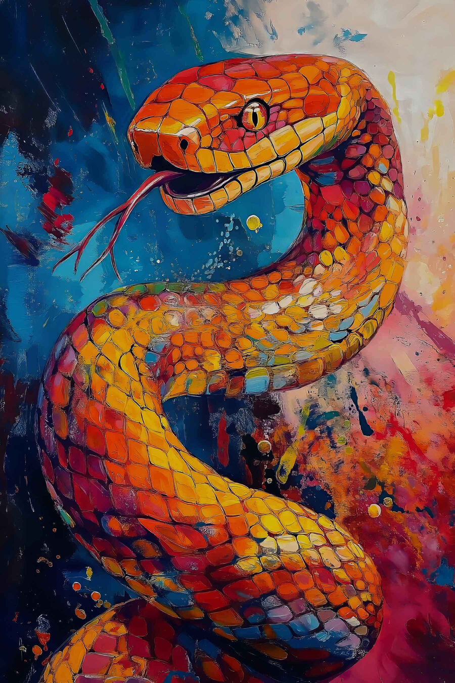 Serpiente entre fragmentos naranjas — diseño completo