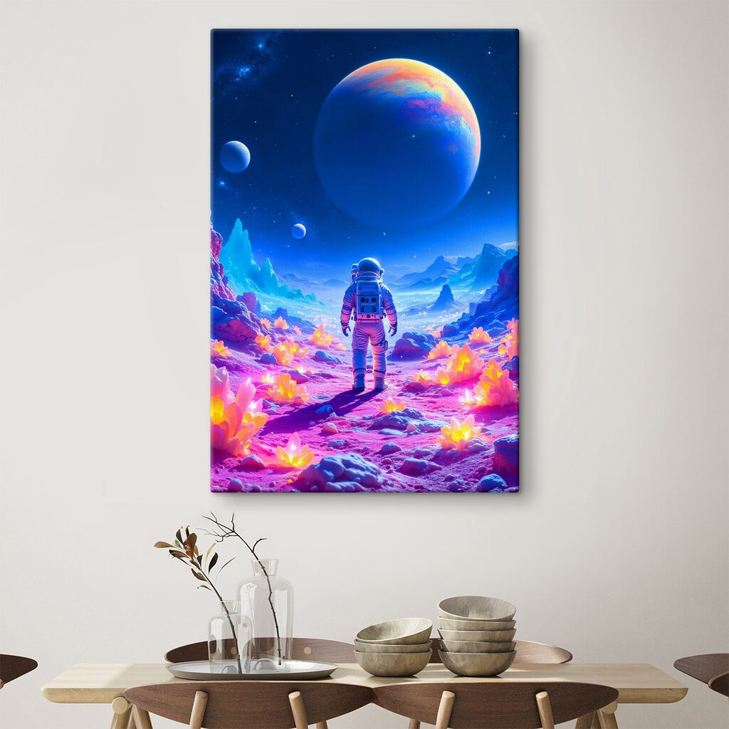 Astronauta entre montañas neón en un interior