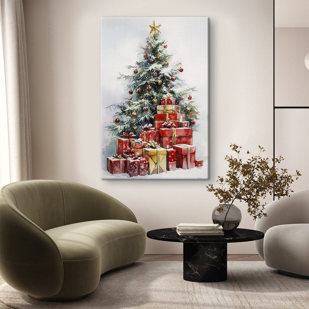 Árbol con regalos rojos en un interior
