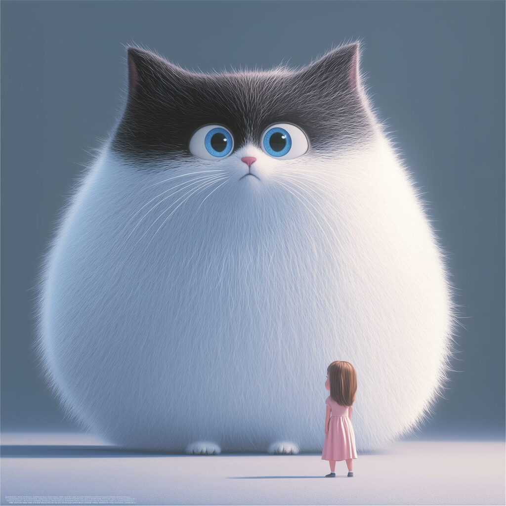 Niña y gato gigante — diseño completo