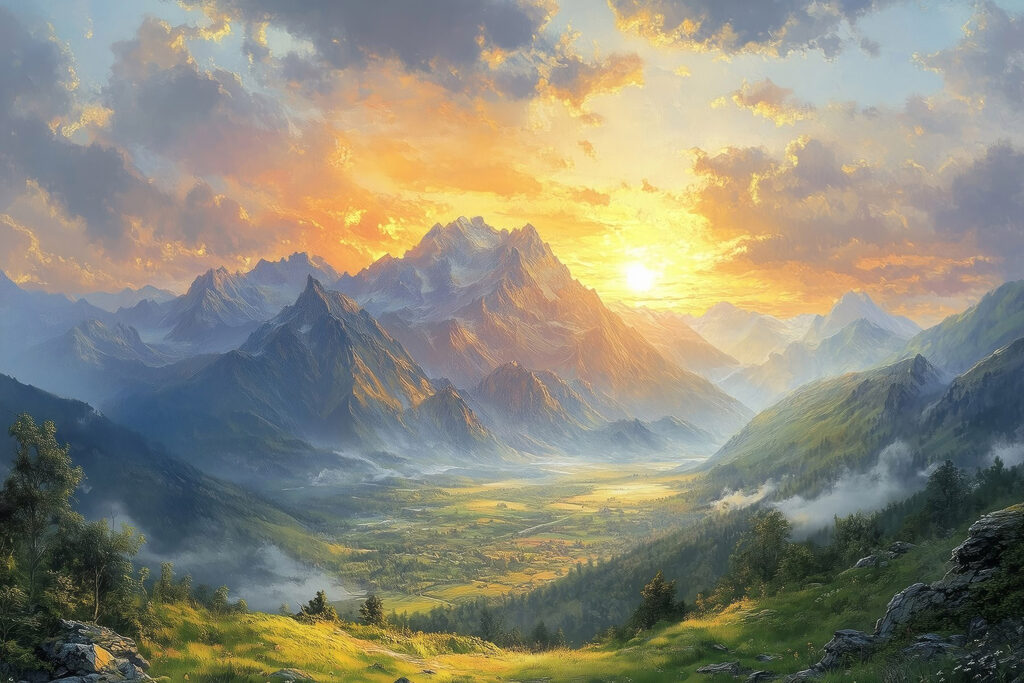 Sol dorado sobre montañas — diseño completo