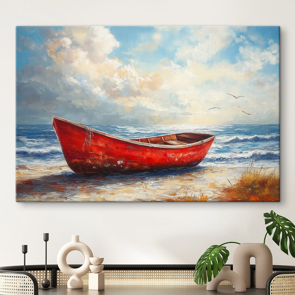 Bote rojo sobre arena en un interior