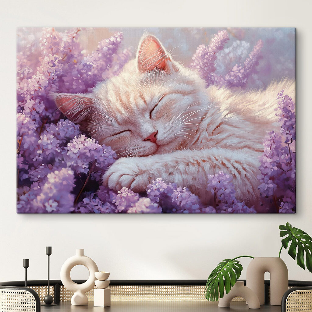 Gatito dormido entre lilas en un interior