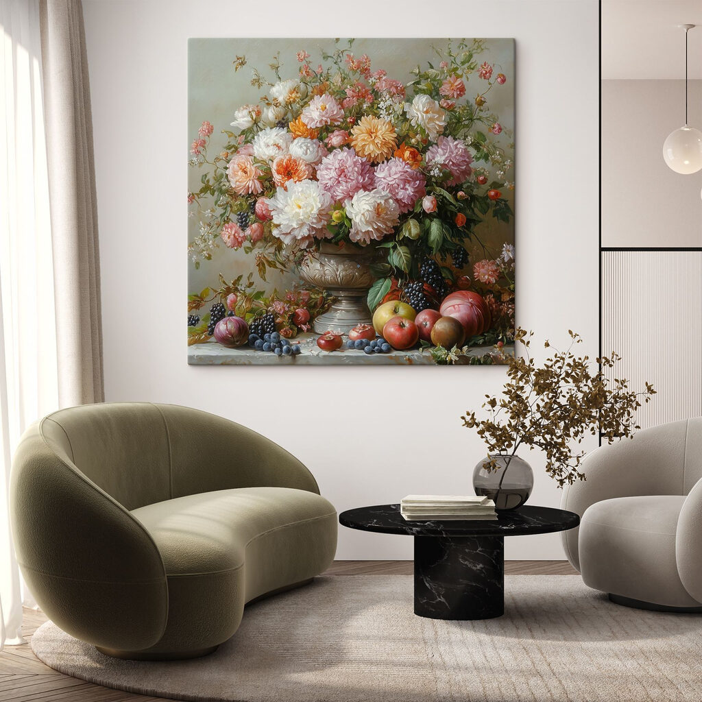 Dalias sobre un frutero — interior 1