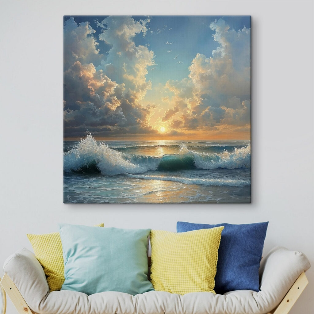 Sol sobre olas azules en un interior