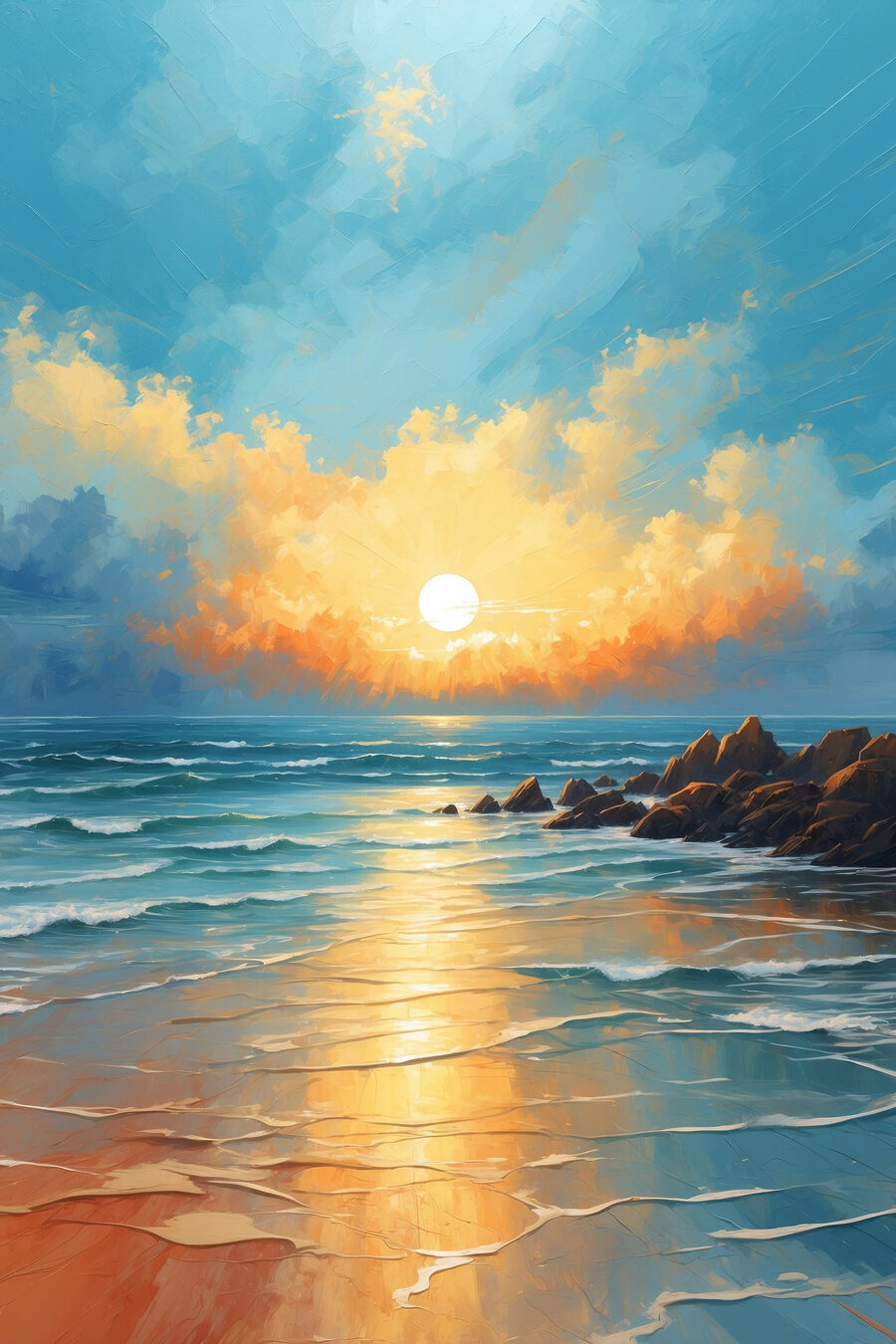Atardecer sobre playa turquesa — diseño completo