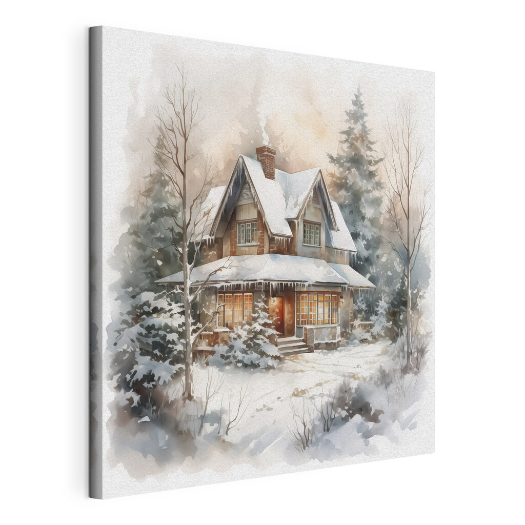 Casa en la nieve, lienzo tensado con el borde envolvente