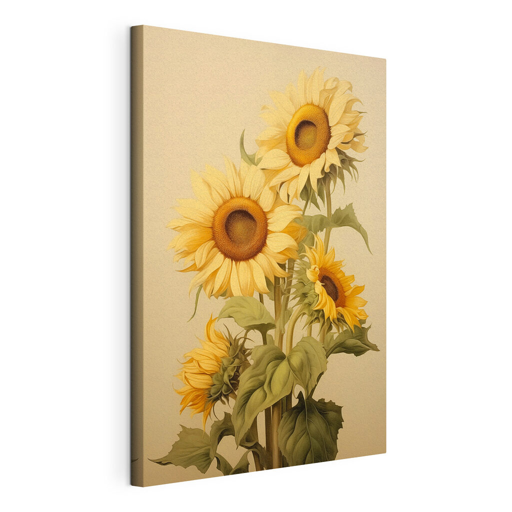 Girasoles sobre beige cálido, lienzo tensado con el borde envolvente