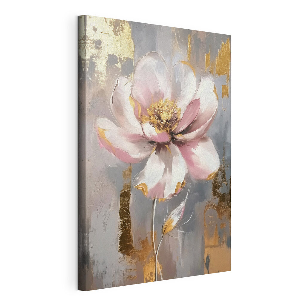 Flor rosa sobre dorado, lienzo tensado con el borde envolvente