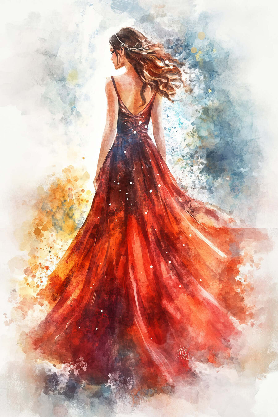 Vestido rojo en acuarela — diseño completo