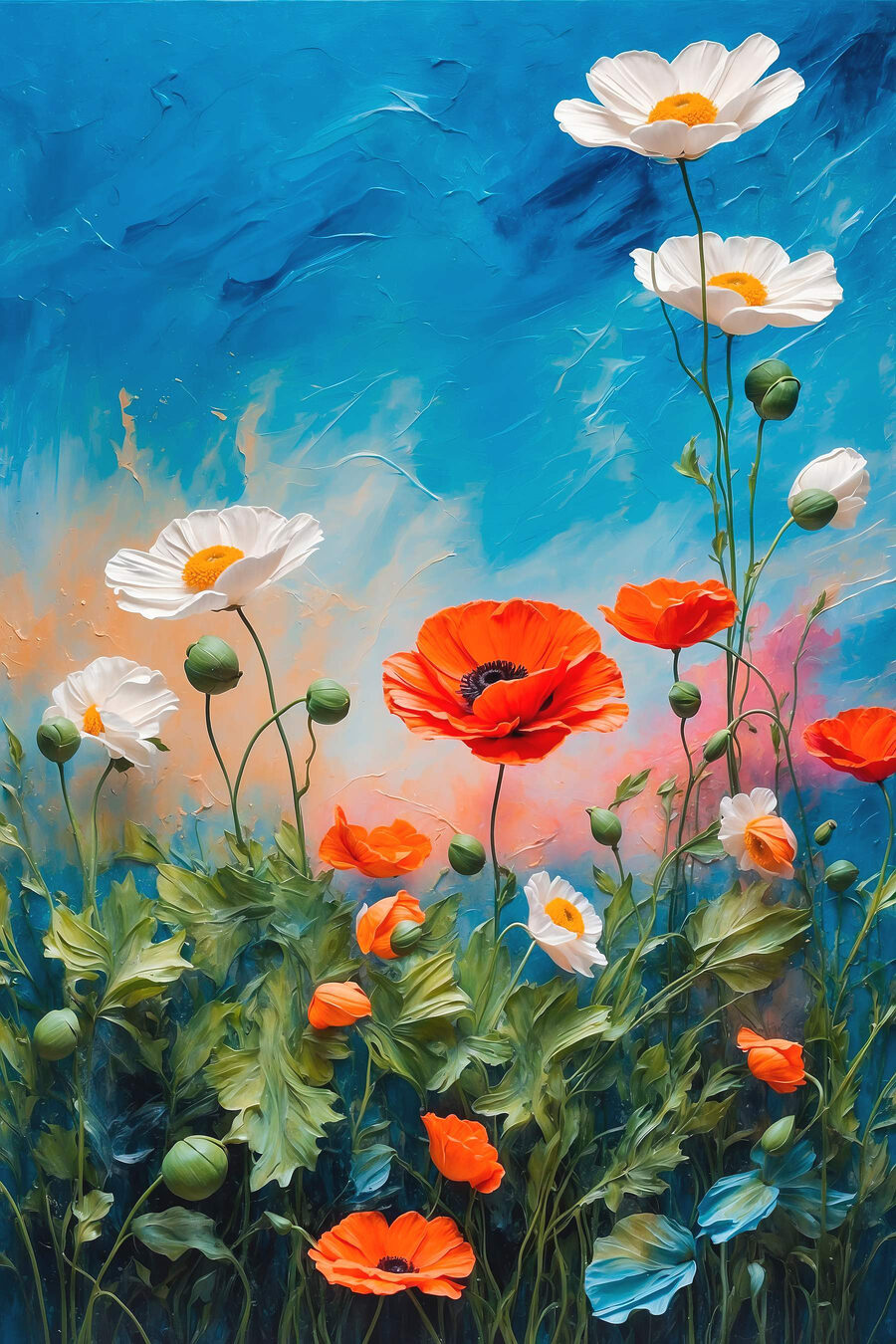 Flores silvestres, cielo azul — diseño completo