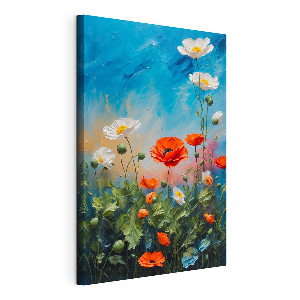 Flores silvestres, cielo azul, lienzo tensado con el borde envolvente