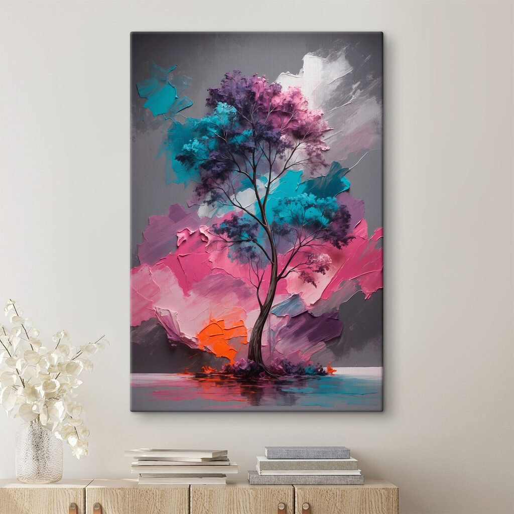 Árbol turquesa y rosa en un interior