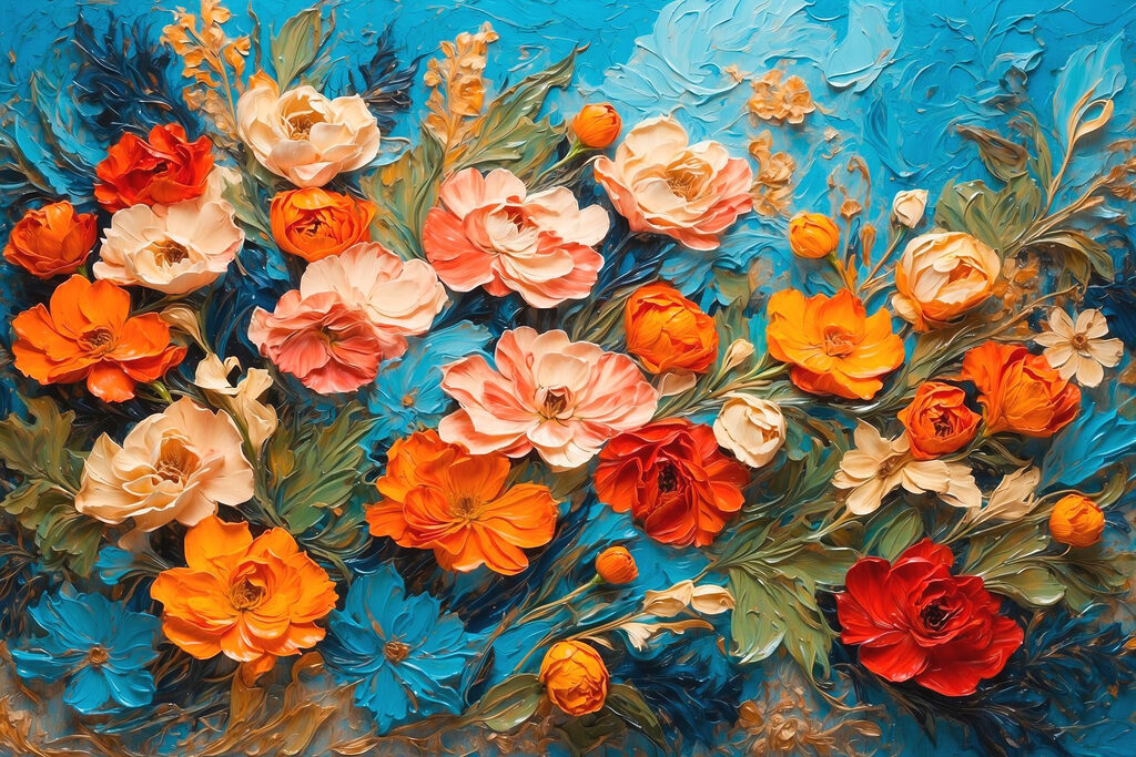 Flores entre trazos turquesa — diseño completo