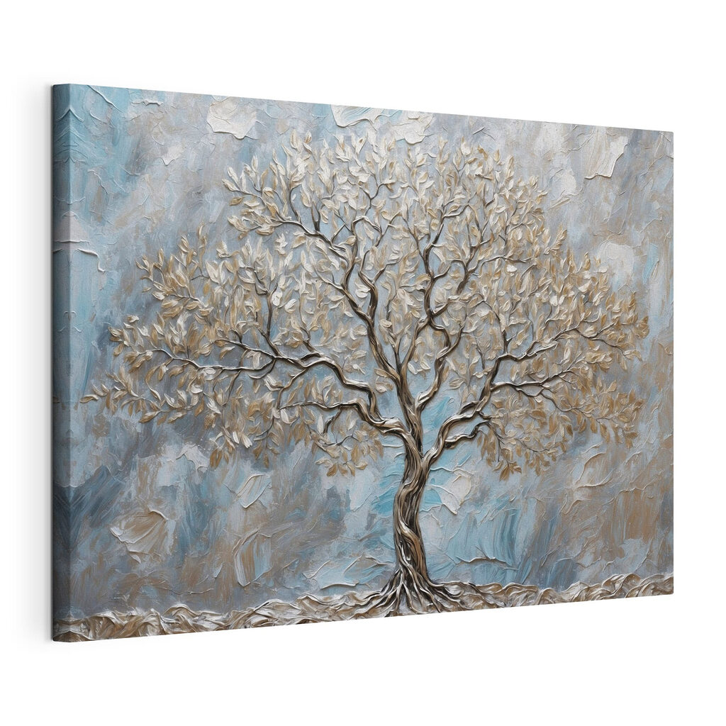 Árbol blanco, azul hielo, lienzo tensado con el borde envolvente