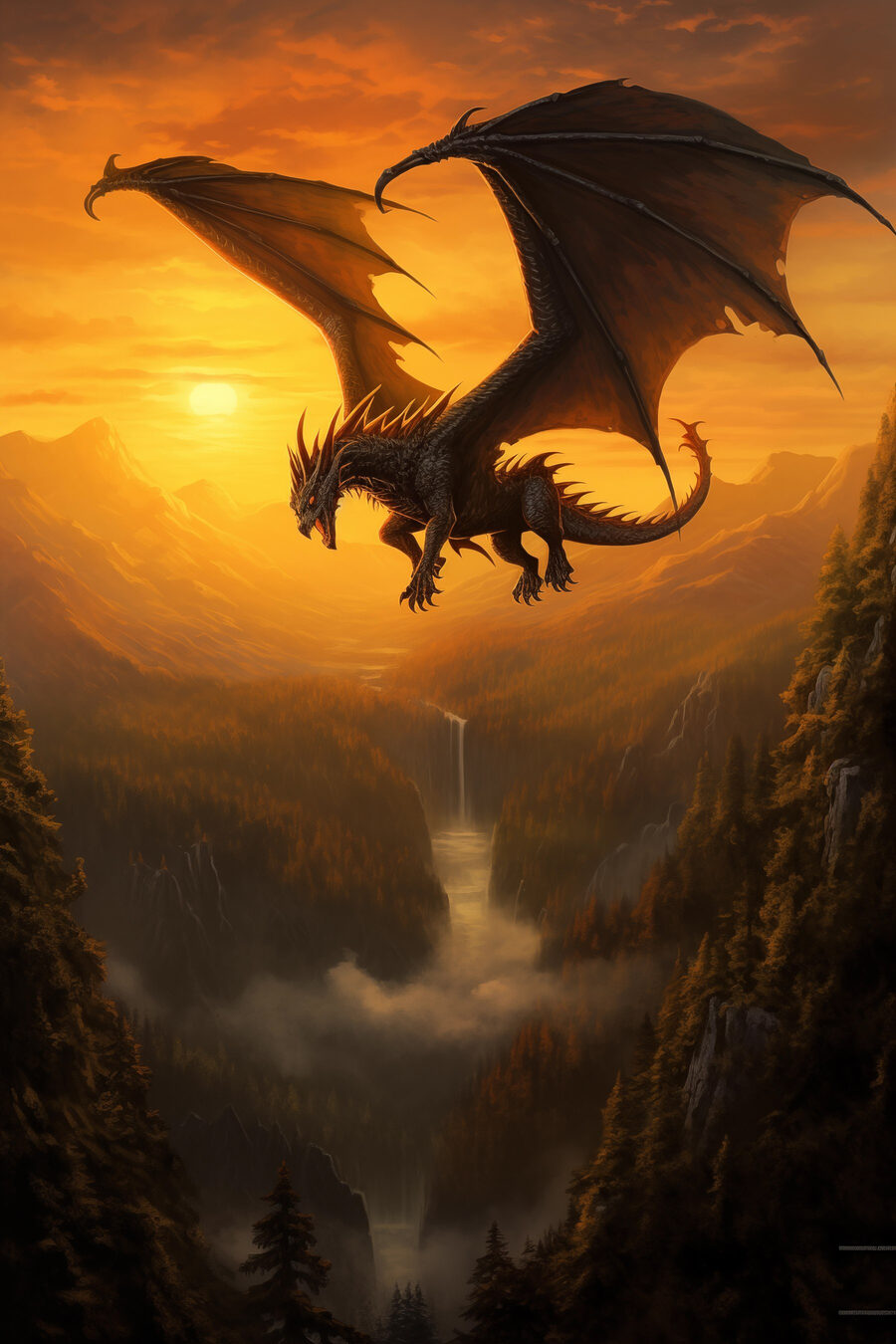 Dragón sobre barranco dorado — diseño completo