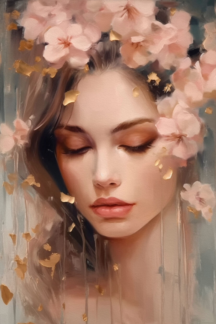 Rostro dormido entre flores — diseño completo