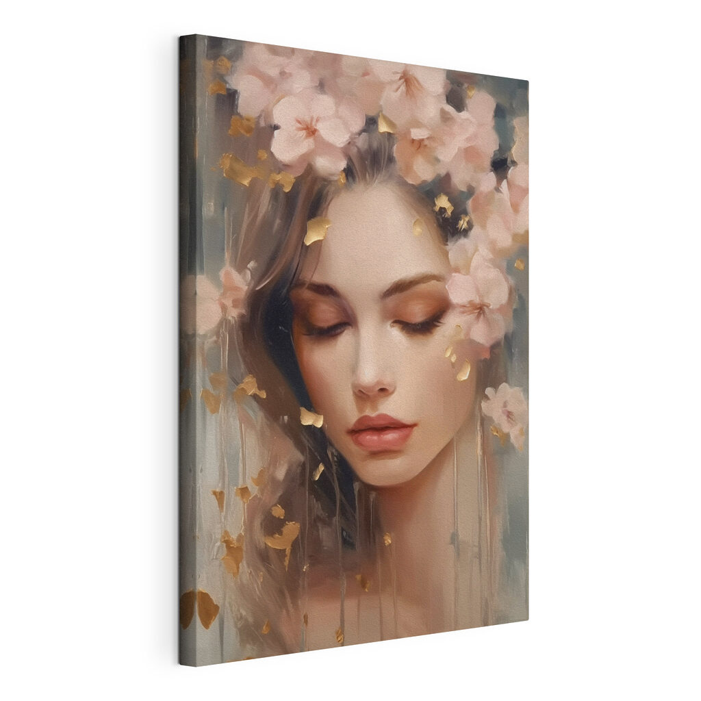 Rostro dormido entre flores, lienzo tensado con el borde envolvente